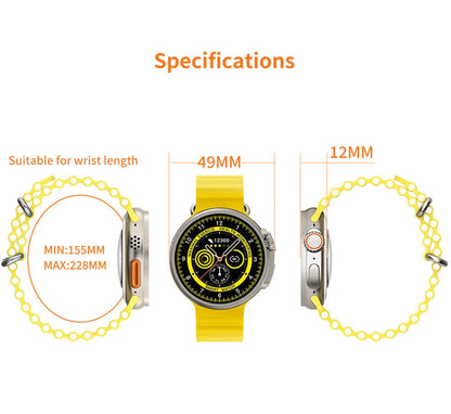 Specifications of the K9 Wireless Charging Smartwatch, highlighting size dimensions (49MM diameter and 12MM thickness) and wrist length compatibility ranging from 155MM to 228MM.