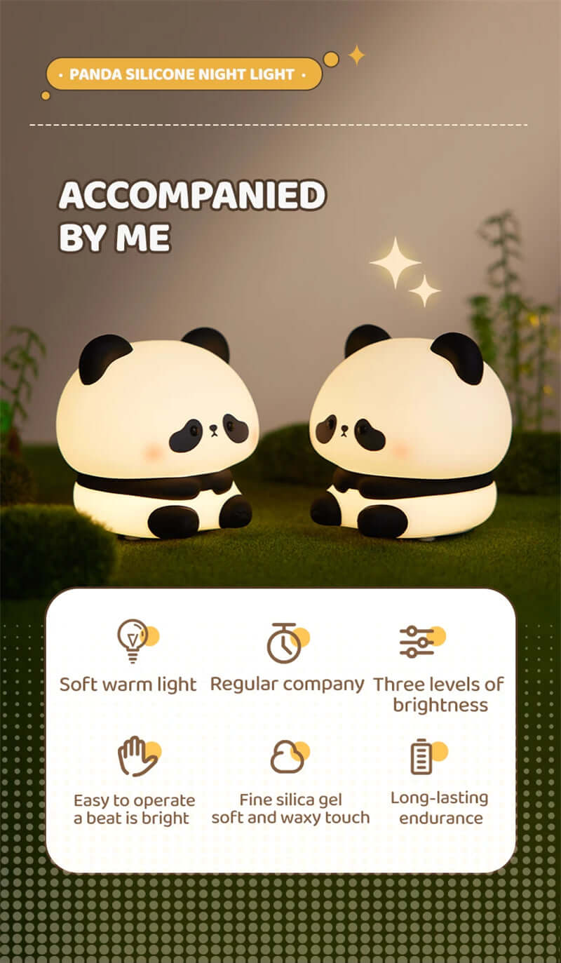Cute LED Night Light - Rechargeable Silicone Touch Lamp represented in a playful panda setting, enhancing kids' bedtime environment.