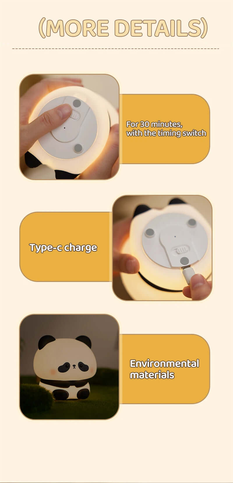 Cute LED Night Light - Rechargeable Silicone Touch Lamp highlighting a panda night light with three brightness levels, great for kids.