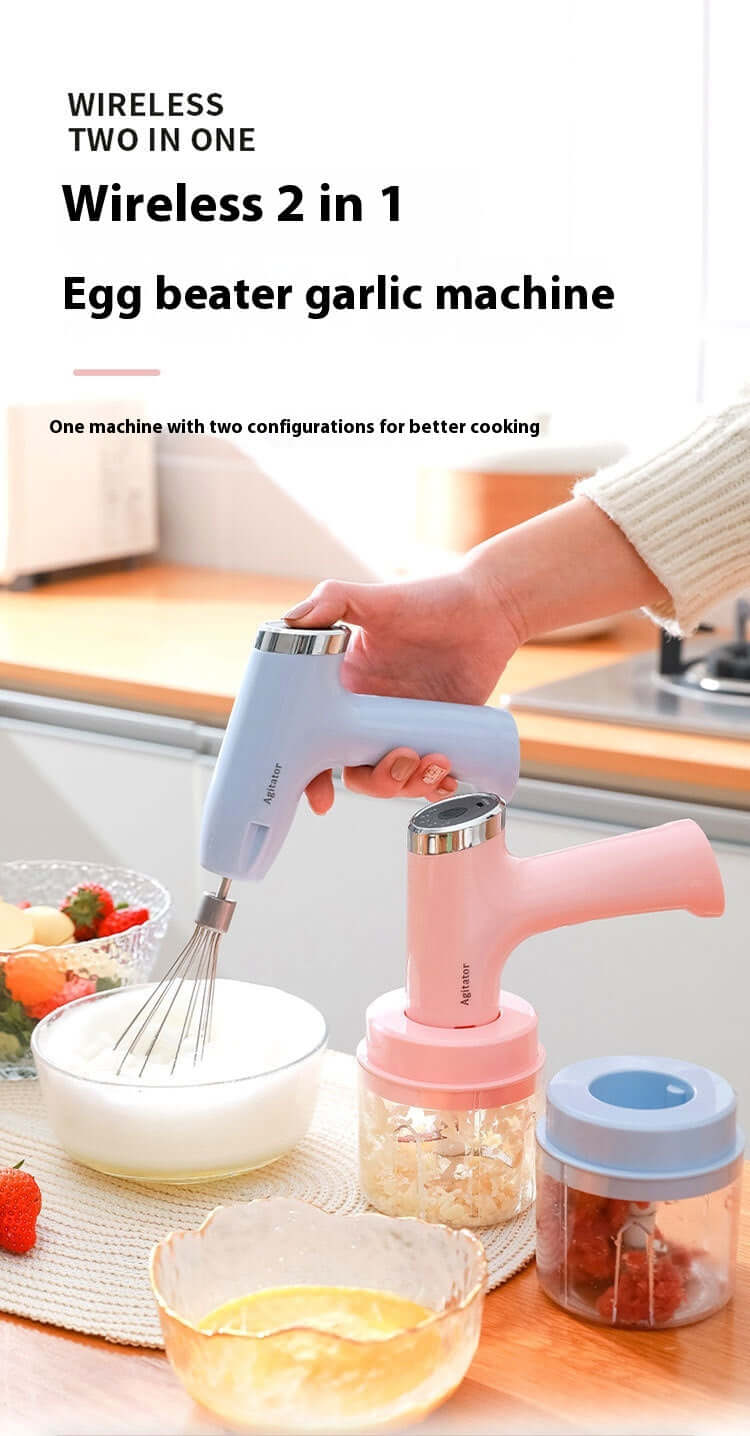 Electric whisk for baking showcased as a dual-purpose kitchen tool in a stylish blue and pink design, demonstrating versatility in mixing and chopping ingredients.