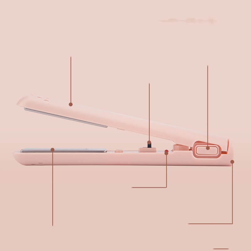 Close-up of USB Portable Wireless Hair Straightener in white color with USB connection, emphasizing its convenient features as a portable hair straightener.