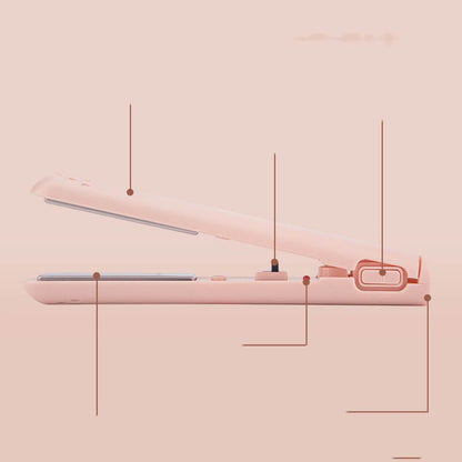 Close-up of USB Portable Wireless Hair Straightener in white color with USB connection, emphasizing its convenient features as a portable hair straightener.