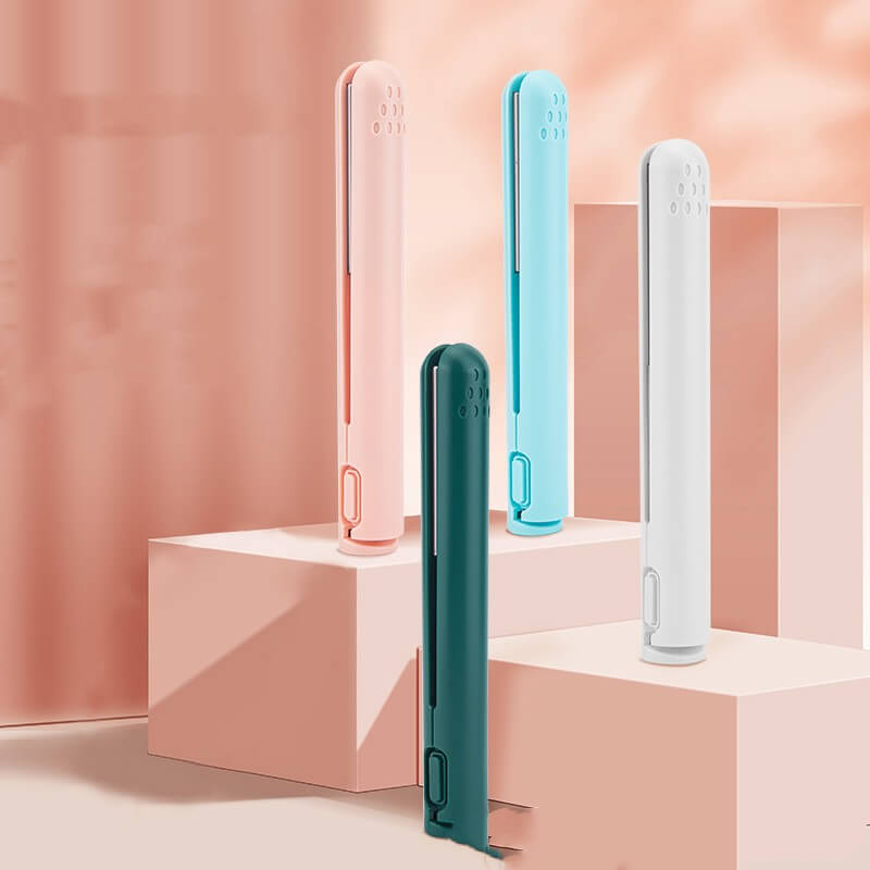Group display of USB Portable Wireless Hair Straighteners in four colors (white, pink, green, blue), highlighting their stylish design and functionality as portable hair straighteners.