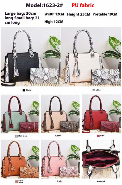 Stylish Serpentine Stitching Crossbody Bag - Fashionable Combination of Style and Function, illustrated with different color options and dimensions of the handbag set, emphasizing its versatility as a fashionable daily bag.