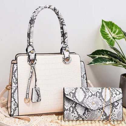 Stylish Serpentine Stitching Crossbody Bag - Fashionable Combination of Style and Function, featuring a white textured handbag with a matching snakeskin wallet, ideal for a fashionable daily bag.