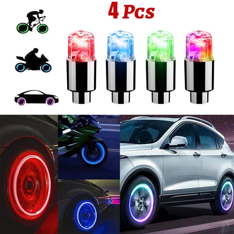 Four LED tire valve caps with red, blue, green, and multicolor lights. Ideal for cars, motorcycles, and bicycles to improve visibility and aesthetics.