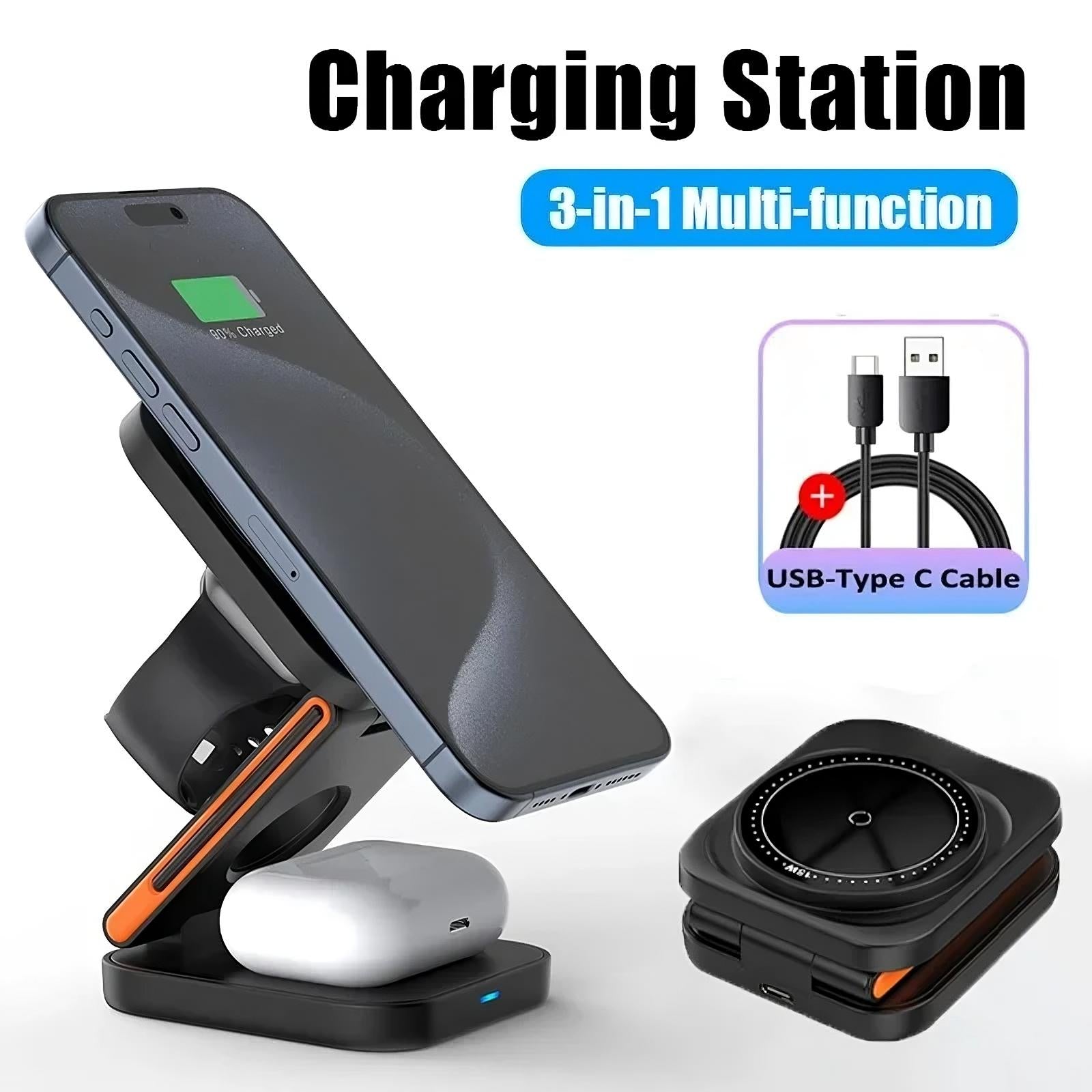 CozyTech Living 3 in 1 Foldable Charging Station featuring a smartphone and AirPods, showcasing the compact design of this 3 in 1 wireless charger ideal for iPhone.