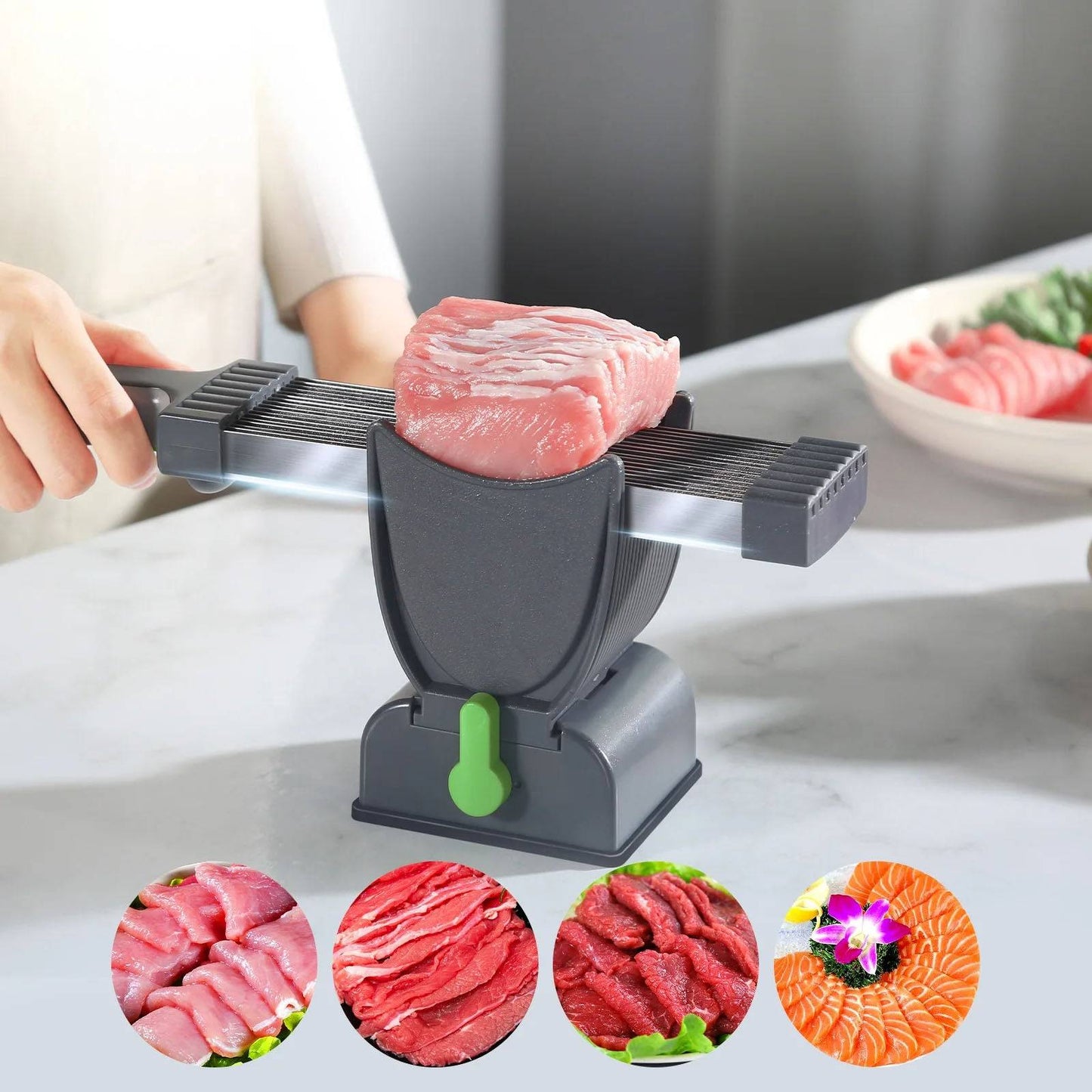 A close-up view of the Fresh Meat Slicer, featuring a hand holding meat ready for slicing. This efficient kitchen tool provides a convenient solution for slicing meats effortlessly.