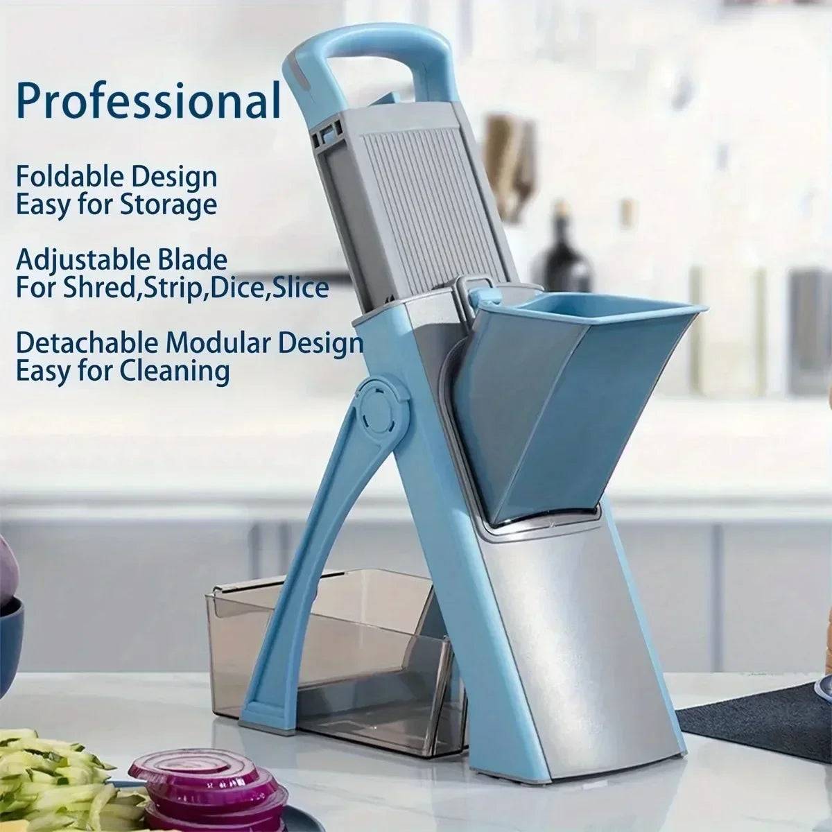 Professional-grade vegetable cutter with a foldable design, adjustable blades, and detachable modular parts for easy cleaning and storage.