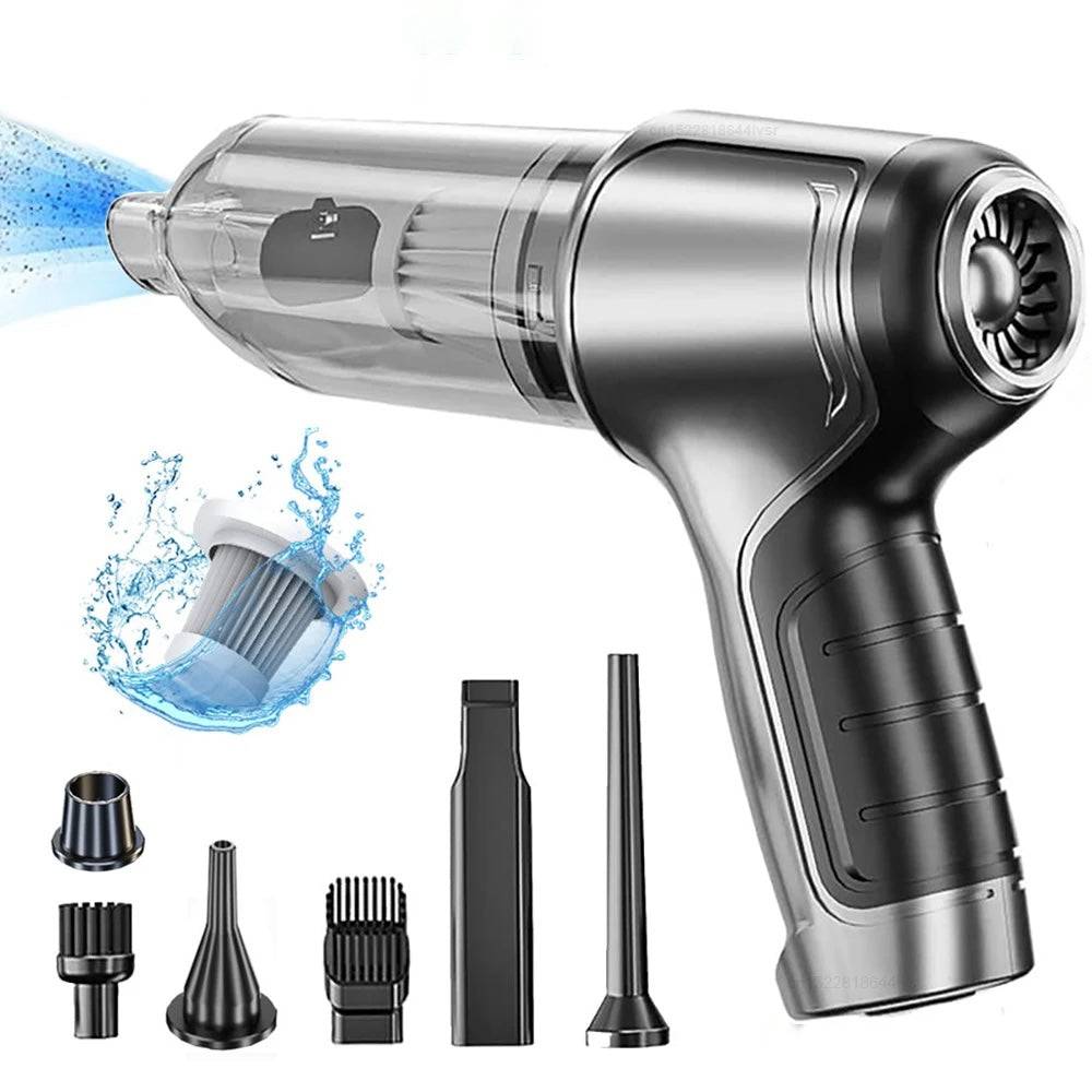 Car Vacuum Cleaner & Blower with multiple attachments and washable filter for versatile cleaning in vehicles and homes.