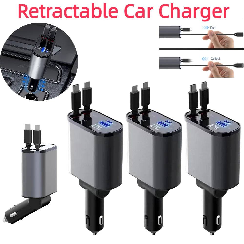 Set of retractable car chargers with dual cables and USB ports. Features automatic retraction and fast charging for safe and efficient use.