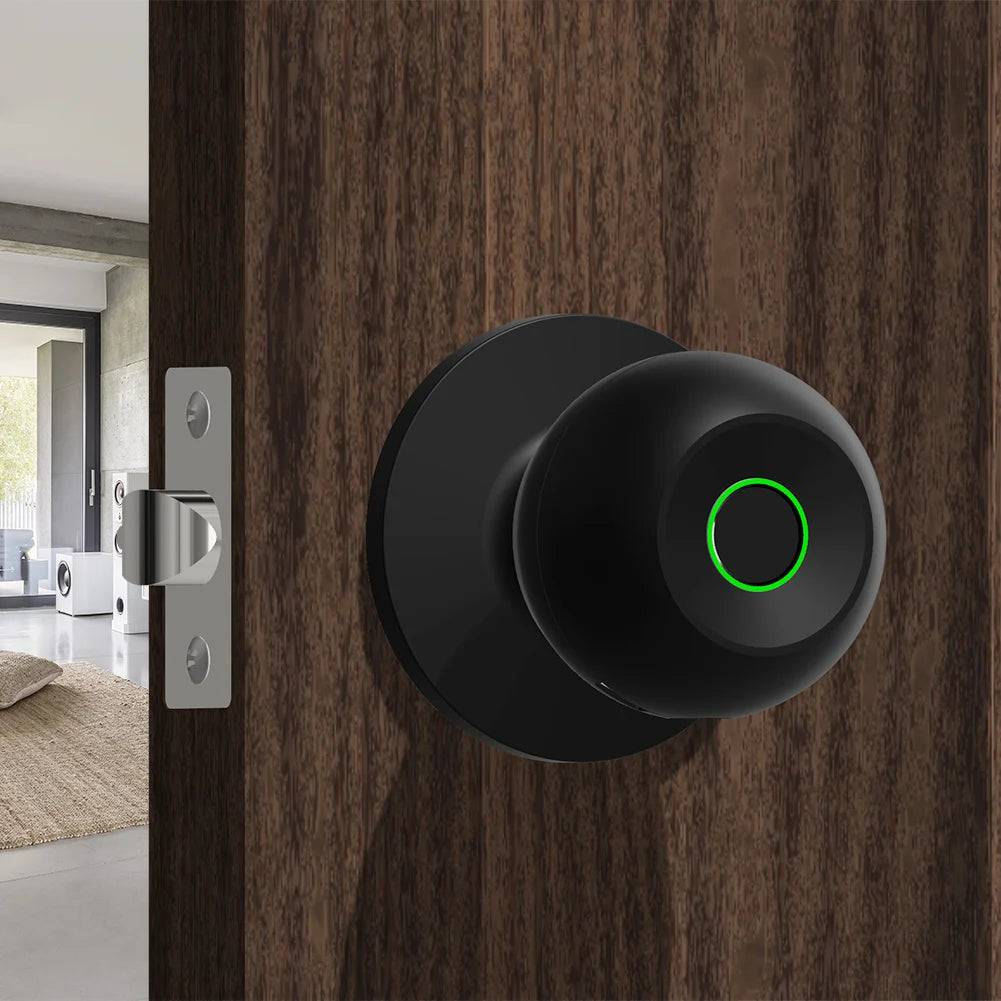 Black Smart Door Knob installed on a wooden door, featuring a fingerprint sensor for keyless entry. Ideal for modern home security.