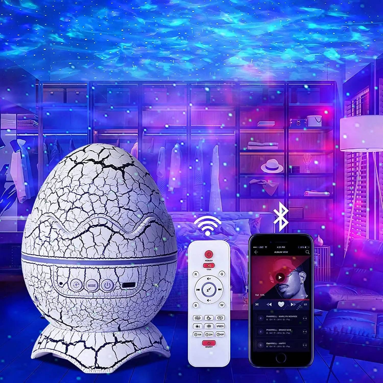 Dinosaur Egg Galaxy Projector with Bluetooth functionality, set against a backdrop of colorful starlit ceiling, and paired with a smartphone for music.