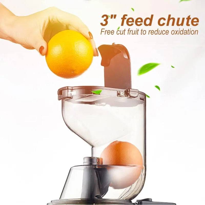 3-inch feed chute of a masticating juicer allowing whole fruit insertion, reducing oxidation for fresher juice. Perfect for home juicing enthusiasts.