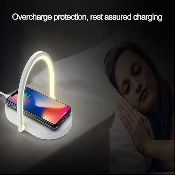 3 In 1 Wireless Charging Station With Adjustable LED Night Light And Phone Holder showcasing stylish design with overcharge protection for secure charging.