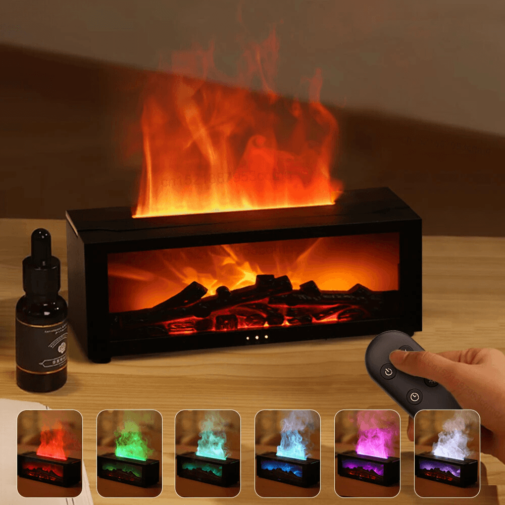 Fireplace Humidifier in action with vibrant LED flames and a remote control, ideal for enhancing home decor and creating a cozy atmosphere.