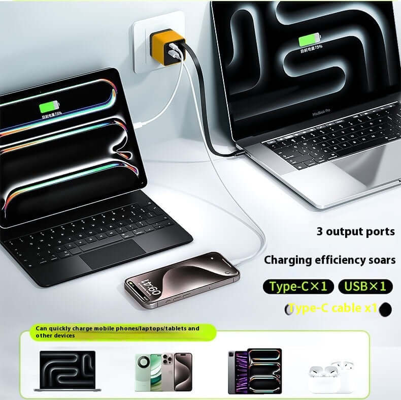 Illustration of a type C fast charger with three output ports, highlighting its capability to charge multiple devices simultaneously.