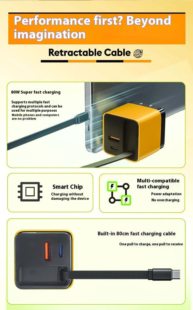 Detailed view of an 80W type C fast charger with a retractable cable, designed for enhanced convenience and efficiency.