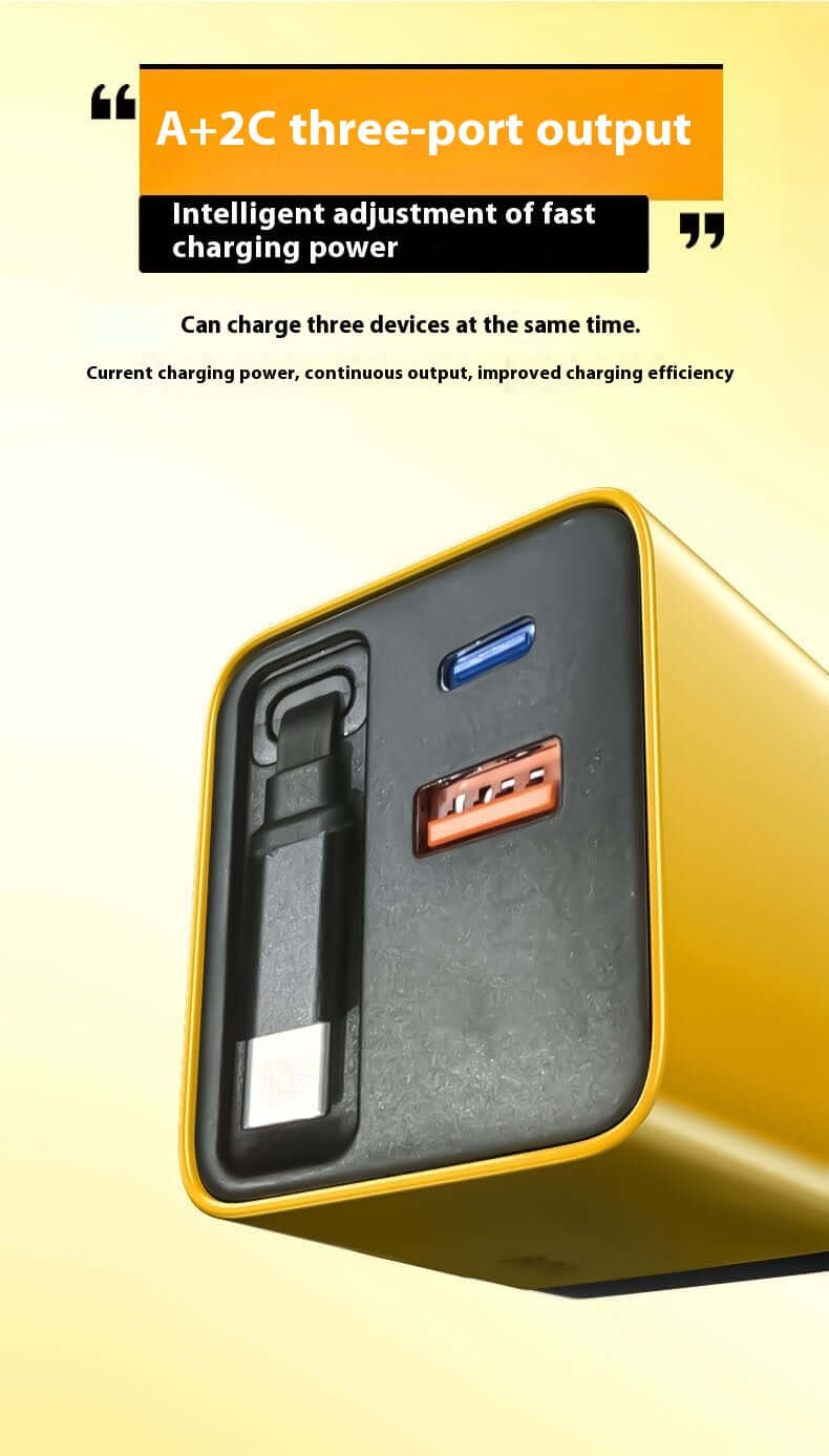 Close-up of the intelligent charging ports of a type C fast charger, offering three-port output for optimized charging efficiency.