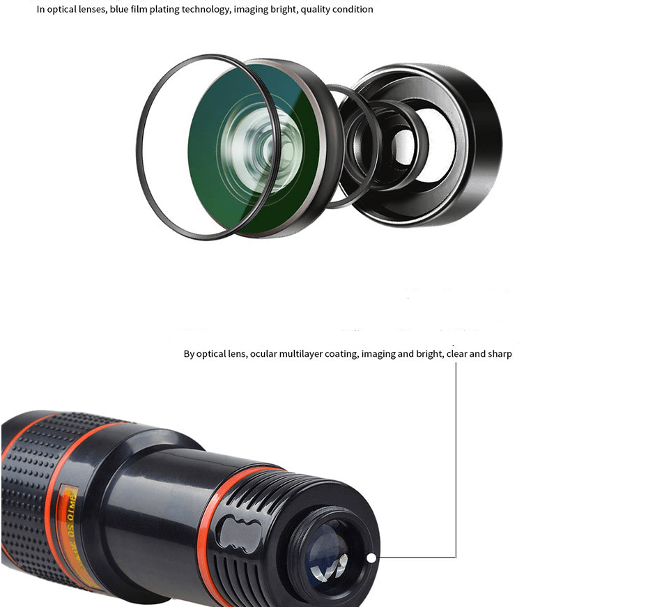 4 In 1 Smartphone Lens Attachments - Telephoto, Fisheye, Wide Angle & Macro Lens Set showing the components and construction of the optical lens.