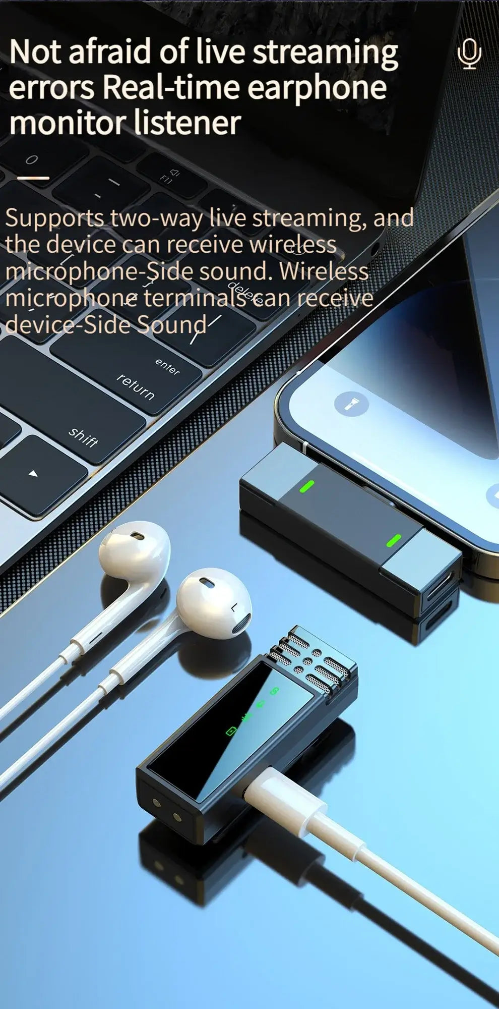Eprolo Clear Reception Wireless Microphone setup with earphones demonstrating real-time monitoring, ideal for live streaming microphone use.