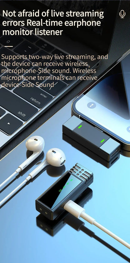 Eprolo Clear Reception Wireless Microphone setup with earphones demonstrating real-time monitoring, ideal for live streaming microphone use.