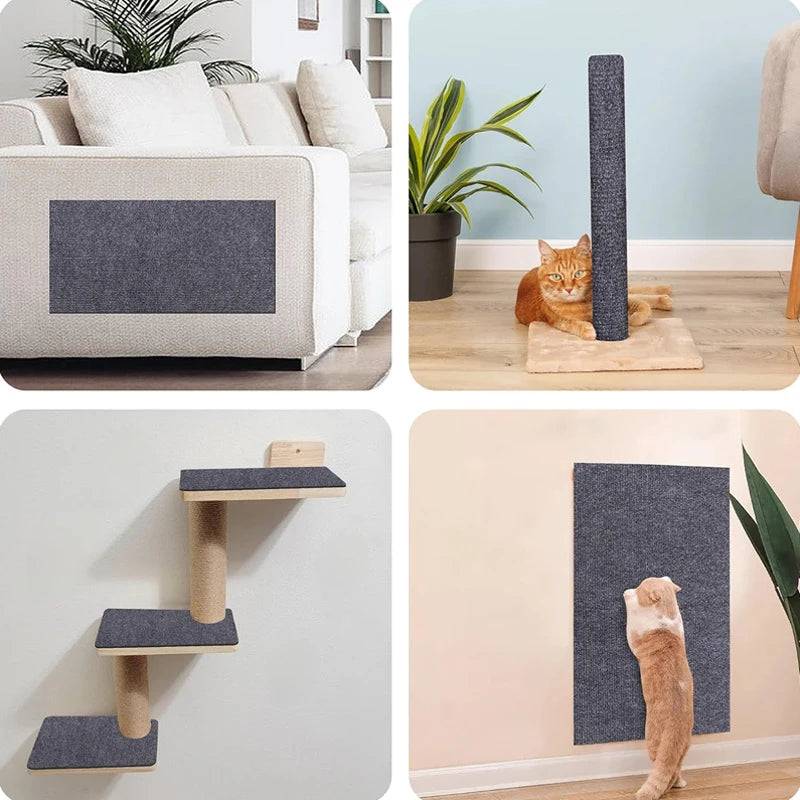 Collage of Cat Anti Scratch Mat applications, including protection on furniture surfaces and cat scratching posts.