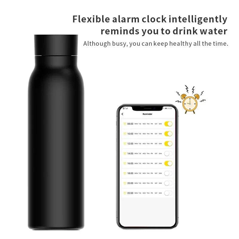 Smart Tuya Water Bottle beside a smartphone highlighting a flexible alarm clock feature for hydration reminders.