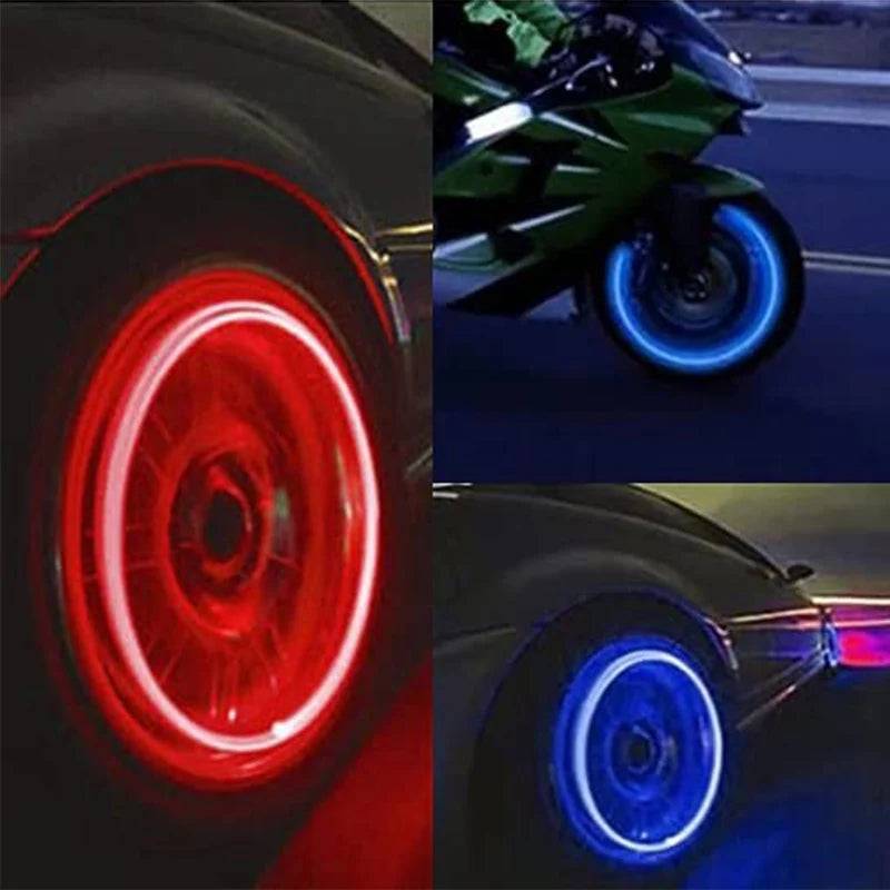 Glowing LED tire valve caps in action on cars and motorcycles. Bright red and blue lights enhance night visibility and add a stylish touch.