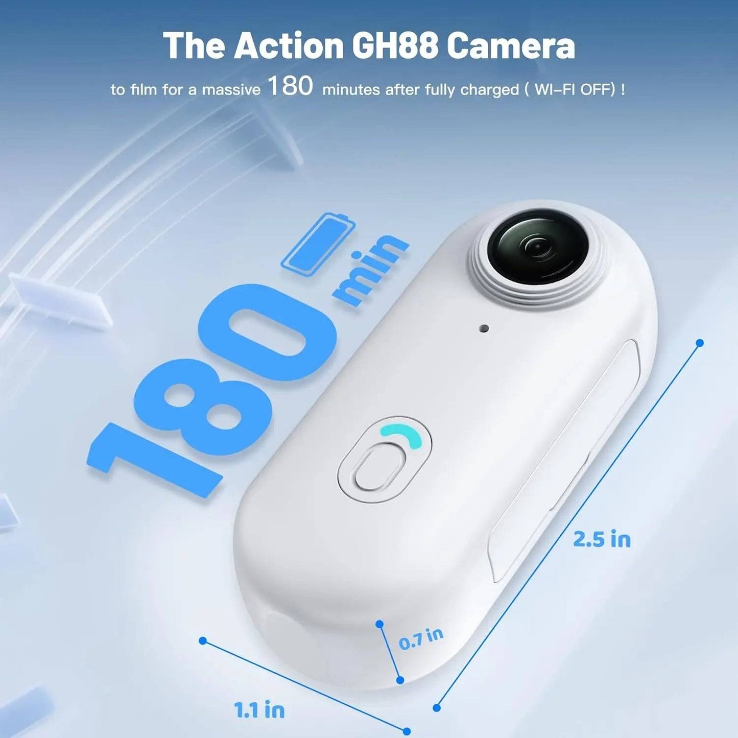 Action GH88 camera with 180-minute battery life, compact size of 2.5 inches, and Wi-Fi off mode for extended recording. Great for sports and adventure filming.