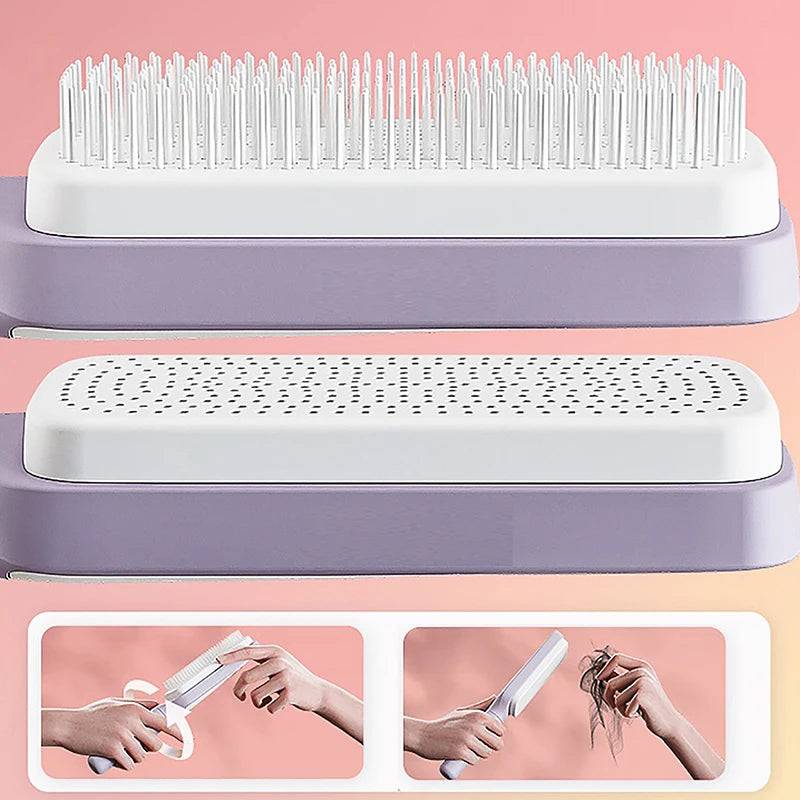 Top view of the Self-Cleaning Brush by CozyTech Living, highlighting its dual brush design and functionality with a focus on the bristles against a colorful background.