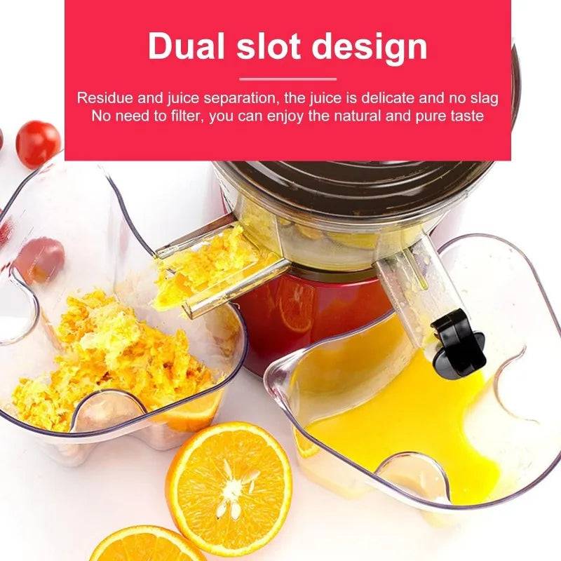 Dual slot design of a cold press juicer separating juice and pulp for a pure taste. No need for filtering, ensuring high-quality juice extraction.