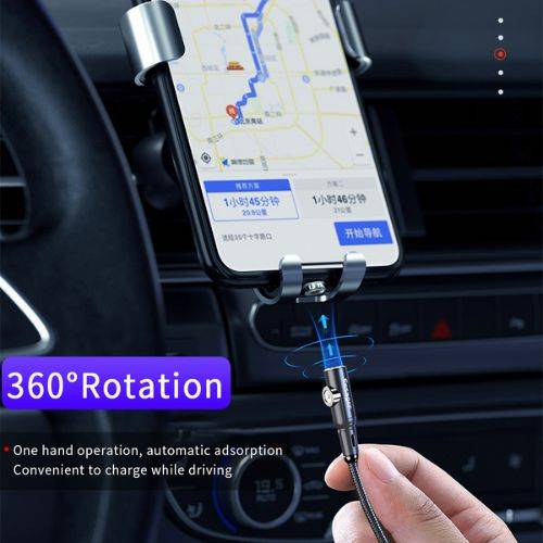 Magnetic Phone Charging Cable in use within a car, highlighting its 360-degree rotation feature for convenient charging while navigating.