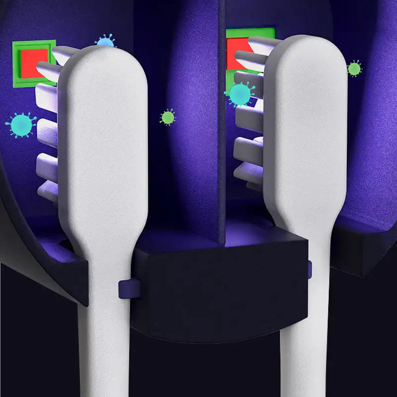 Interior view of CozyTech Living Toothbrush UV Cleaner, demonstrating the effectiveness of the toothbrush sanitizer device in destroying germs. This modern bathroom addition is essential for maintaining cleanliness alongside Colgate products.