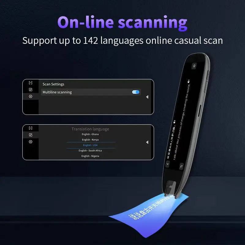 Language Translator Pen in use, demonstrating its online scanning capabilities for translating text in multiple languages.