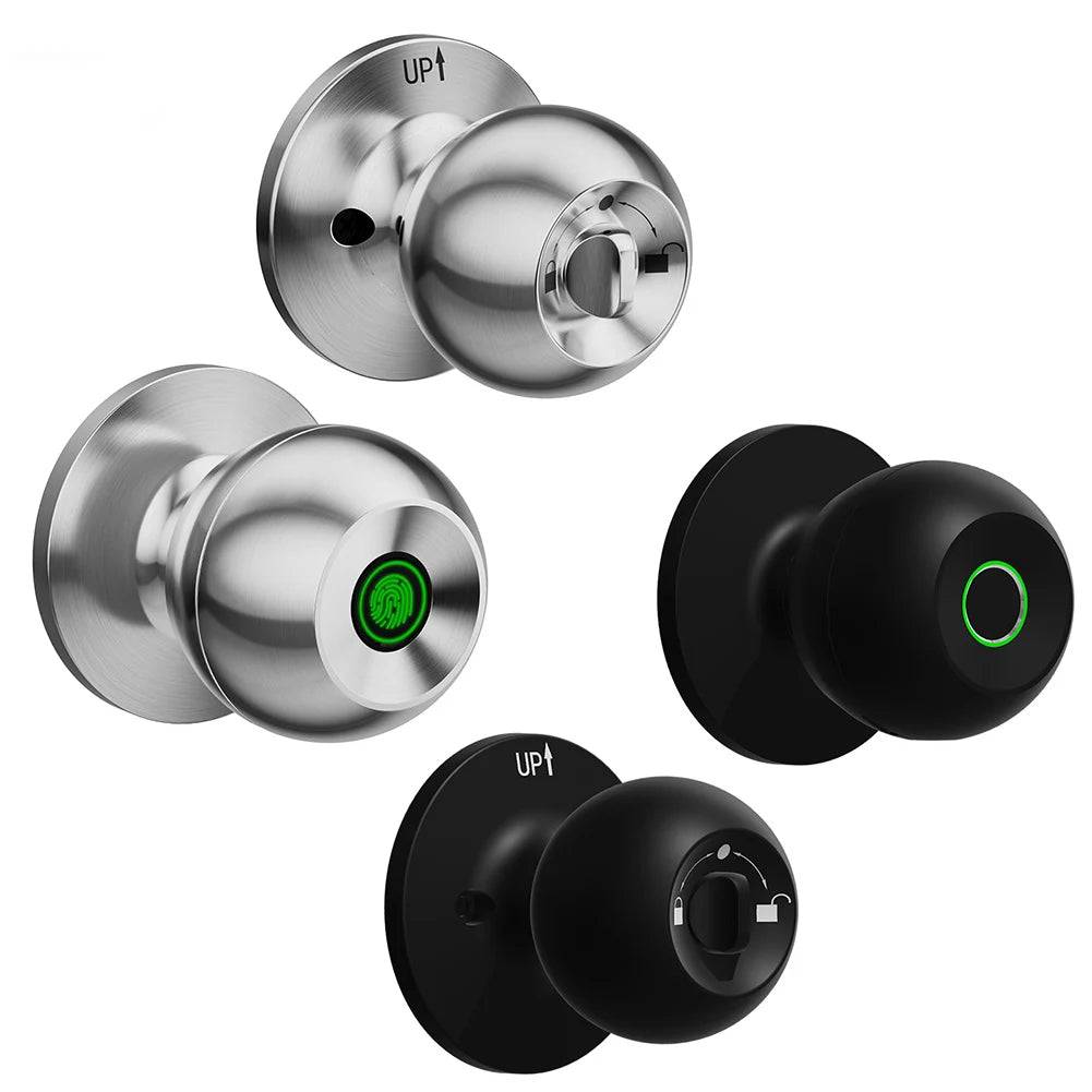 Smart Door Knob available in black and silver finishes with fingerprint recognition. A secure and stylish upgrade for any door.