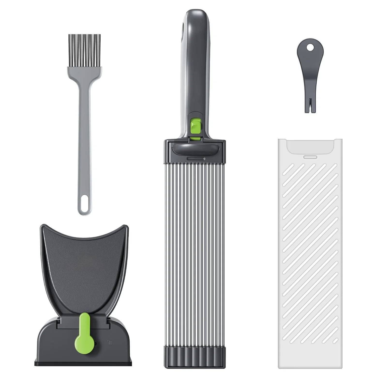 Components of the Fresh Meat Slicer laid out, including a cleaning brush and attachments. Essential kitchen tools for any chef who values efficiency in meat preparation with a reliable knife slicer.