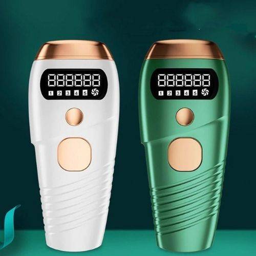 Two laser hair removal devices in white and green with digital displays. Ideal for men and women seeking painless, permanent hair removal.