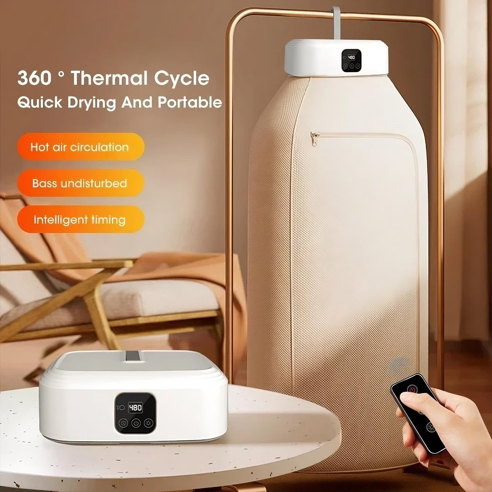 CozyTech Living Portable Clothes Dryer with 360-degree thermal cycle technology, demonstrating fast drying and portable functionality.