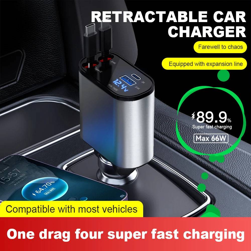 Retractable car charger with 66W fast charging capability. Compatible with most vehicles and supports multiple device charging simultaneously.