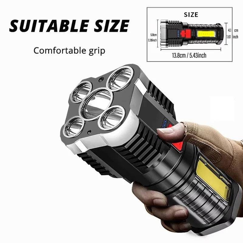 Compact and powerful LED flashlight with a comfortable grip, featuring a multi-lens design and side COB light for versatile illumination.