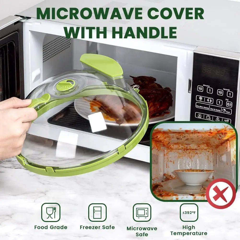 The Microwave Food Cover being placed on a dish inside the microwave, showcasing its functionality as a steam microwave cover with a convenient handle.