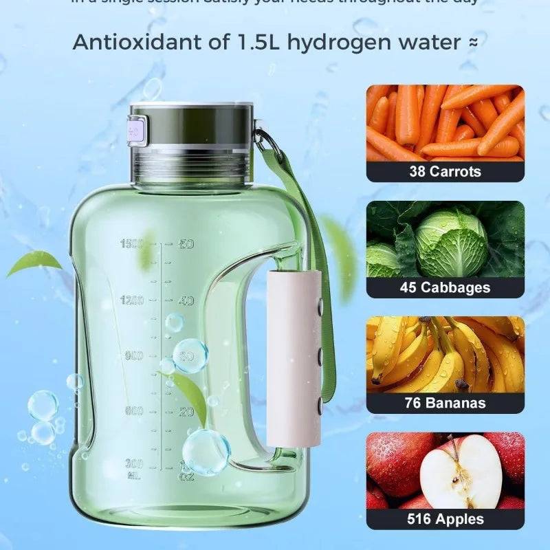 Hydrogen water bottle showcasing antioxidant benefits equivalent to 38 carrots, 45 cabbages, 76 bananas, and 516 apples for enhanced health.