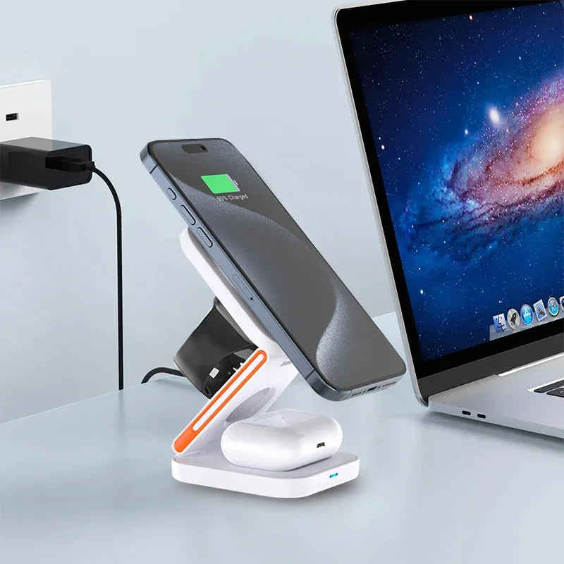 CozyTech Living 3 in 1 Foldable Charging Station in a home office setup with an iPhone and AirPods, emphasizing the functionality of this 3 in 1 wireless charger.