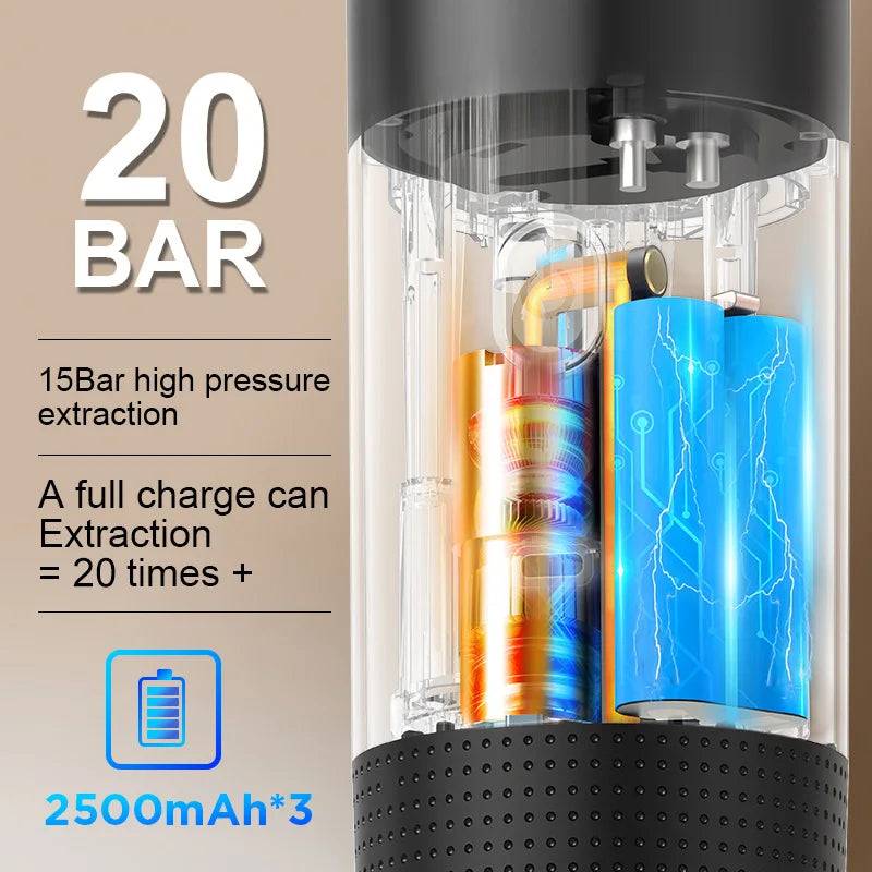 Inside view of the Portable Coffee Maker from CozyTech Living, illustrating the 20-bar high pressure extraction system with battery details.