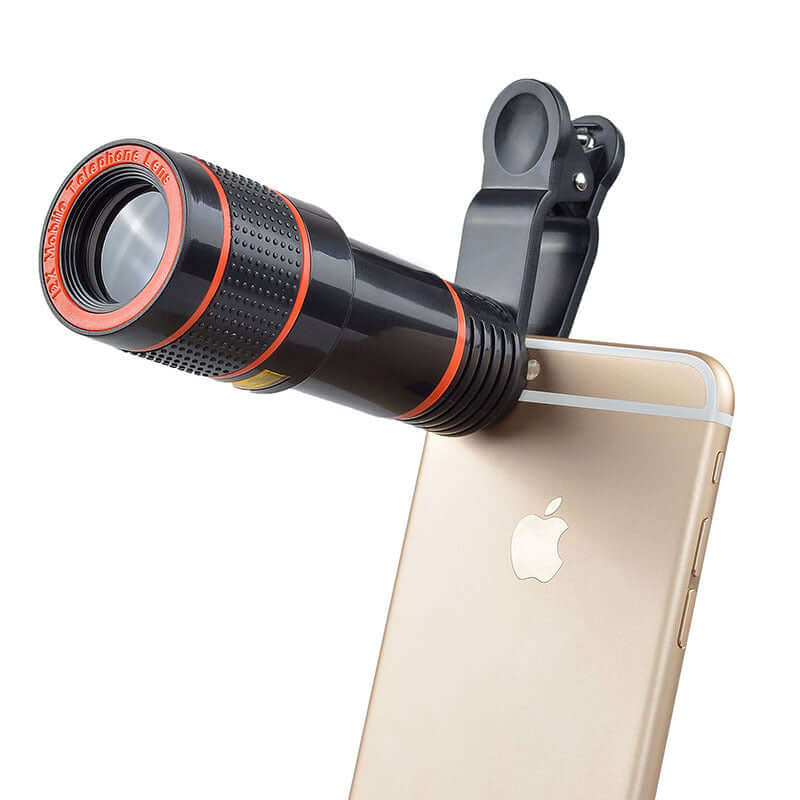 4 In 1 Smartphone Lens Attachments - Telephoto, Fisheye, Wide Angle & Macro Lens Set showcasing the telephoto lens attached to a smartphone.