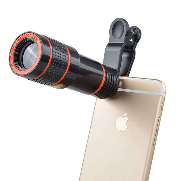 Close-up of APEXEL smartphone lens attachments mounted on a mobile device, showcasing a telephoto lens for enhanced photography.