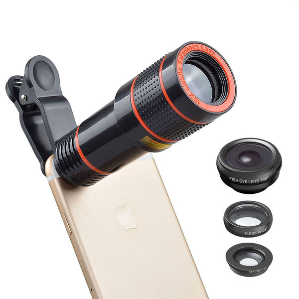 APEXEL smartphone lens attachments displayed with a mobile device, featuring a telephoto lens, fisheye, and macro lens for versatile photography.