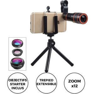 4 In 1 Smartphone Lens Attachments - Telephoto, Fisheye, Wide Angle & Macro Lens Set in use with a smartphone mounted on a tripod and telephoto lens attached.