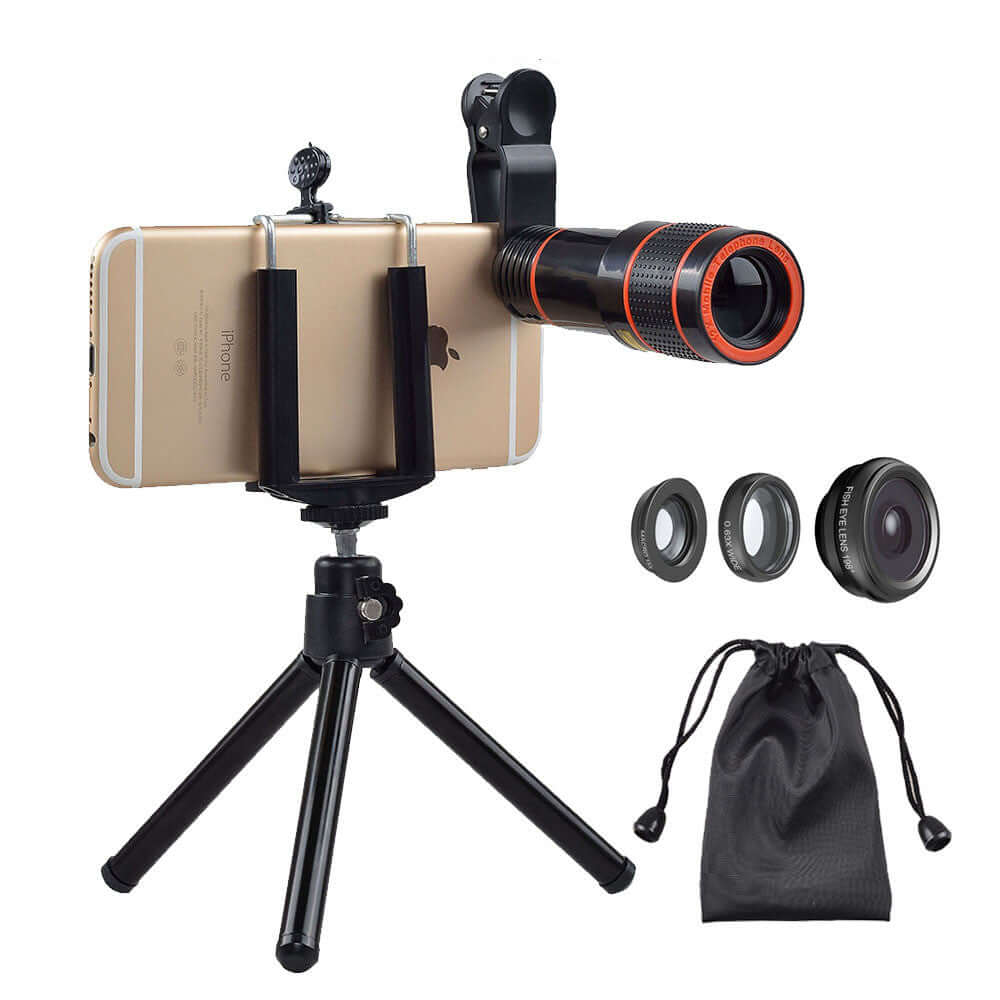 4 In 1 Smartphone Lens Attachments - Telephoto, Fisheye, Wide Angle & Macro Lens Set with smartphone, tripod, and multiple lens options.